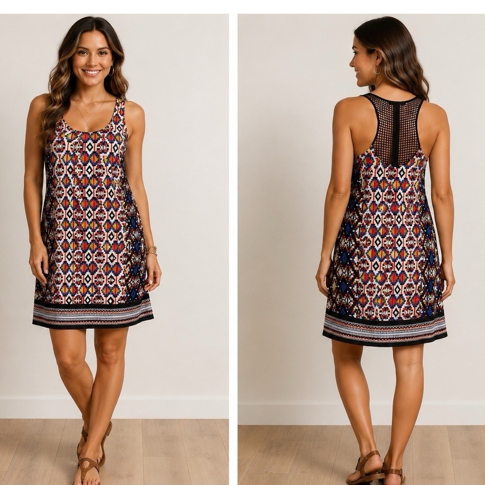 Tank Dress Womens Geometric Aztec Mesh Racerback Boho Festival Small Comfy Mini
